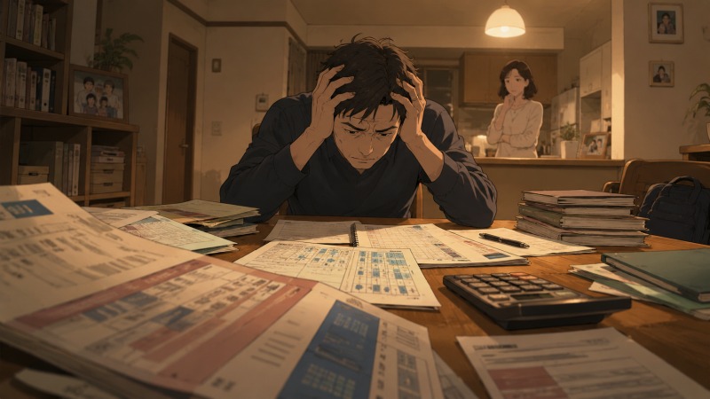 大学進学を控えた子どもの教育費資料や請求書を前に、40代男性が深夜の自宅リビングで頭を抱える場面。妻が静かに見守る中、家族の将来と収入不足への不安から年収アップを目指した転職を決意する瞬間を描いたイラスト。