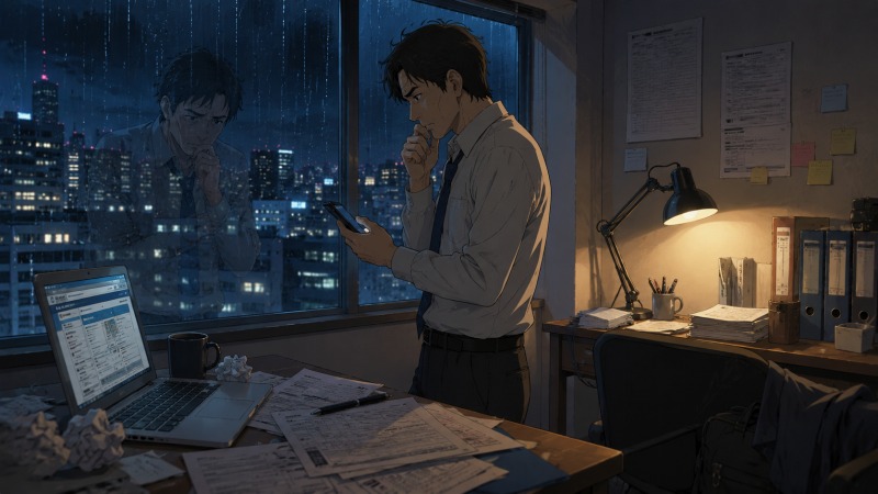 初めての転職活動に挑む40代男性が、雨の夜に求人サイトを開いたノートPCと職務経歴書を前に、スマホを握りながら窓辺で悩む場面。営業職へのキャリアチェンジや書類選考への不安、転職活動の孤独と焦りを表現した情景。