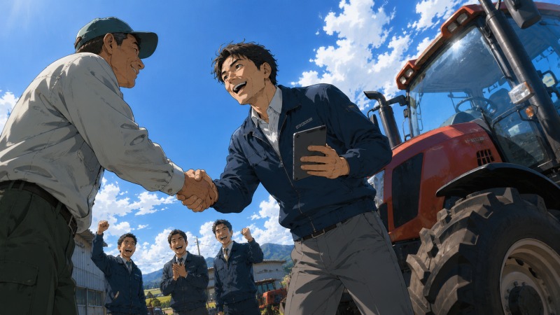農業機械メーカーへ転職した40代男性営業が、青空の下で農家と笑顔で握手を交わし、初受注を喜ぶ場面。大型トラクターや同僚たちの祝福に囲まれ、未経験から営業職へ挑戦し成果を出した転職成功の瞬間を描いたイラスト。
