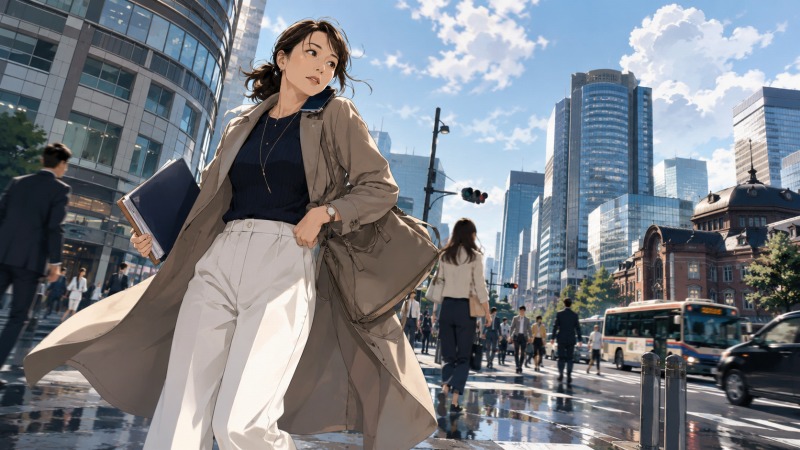 人材派遣会社で10年間営業として働いてきた40代女性が、神奈川県内の街を忙しく駆け回りながら顧客対応を行うシーン。スマホで連絡を取りつつ資料を抱えて歩く姿から、派遣営業の激務とキャリア女性としての充実感が伝わる。
