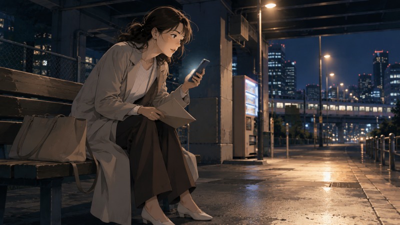 40代で異業種転職に挑戦する女性が、不採用続きの転職活動に落ち込みながらも、高架下のベンチで届いた連絡に希望を見出す場面。飲食店からの誘いを受け、新たなキャリアへの転機が訪れる瞬間を描いている。