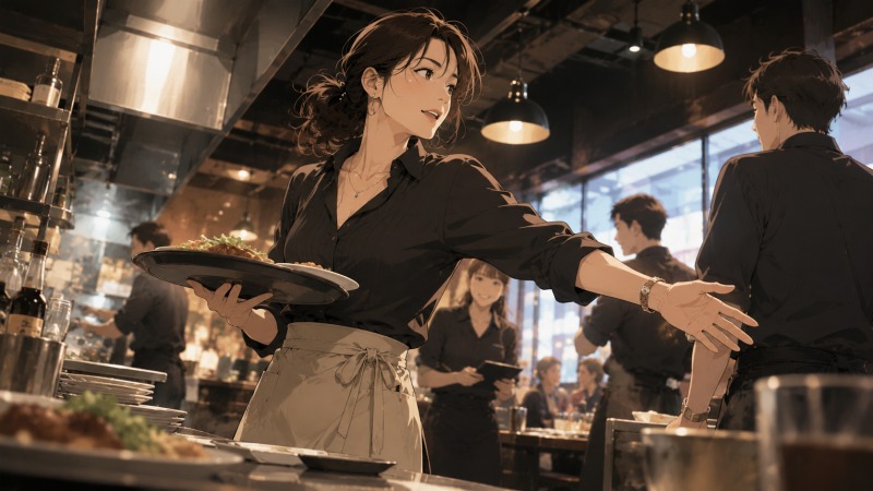 未経験で飲食店へ転職した40代女性が、ホールスタッフとして忙しい店内を動き回りながら若い同僚たちと働くシーン。営業職時代とは異なる現場仕事に挑戦し、少しずつ職場の信頼を得ていく様子が伝わる。