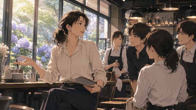 飲食店で経験を積んだ40代女性が、若いスタッフたちと会話を交わしながら業務改善や人材育成について考えるシーン。営業経験を活かし、新しい働き方やチームづくりに取り組もうとする前向きな姿が描かれている。