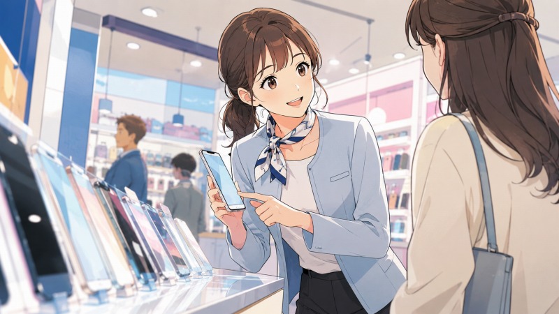 家電量販店のスマートフォン売り場で、28歳の女性携帯販売員がお客様にスマホの操作方法を笑顔で説明しているイラスト。接客が好きで販売職にやりがいを感じていた転職前の日常を描写。人と話す仕事に向いていた彼女の明るさや、携帯ショップ店員として働くリアルな雰囲気が伝わる構図。
