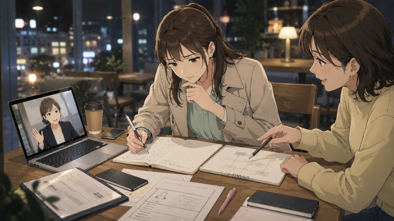 夜のカフェで、28歳女性が友人と転職エージェントに支えられながら、ノートパソコンを使って履歴書作成やSPI対策を進めているイラスト。在職中の転職活動で、面接準備や書類作成に取り組むリアルな様子を描写。異業種転職への不安を抱えながらも、周囲のサポートを受けて前向きに行動する姿が伝わる構図。