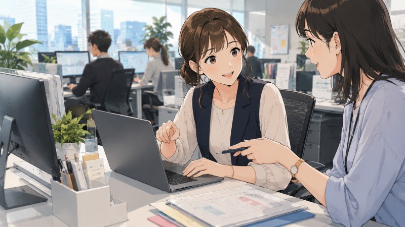 インターネット広告代理店のオフィスで、未経験から事務職へ転職した28歳女性が、同僚に教わりながらパソコン業務に取り組んでいるイラスト。Excelや広告業界の専門用語に戸惑いながらも、少しずつ仕事に慣れて自信を取り戻していく転職後の日常を表現。異職種転職後の成長や職場環境の変化が感じられるシーン。