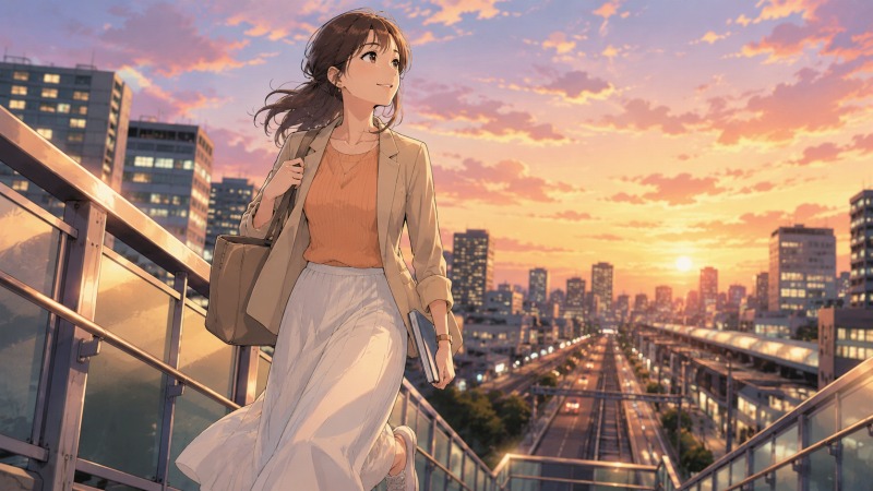 夕暮れの歩道橋で、仕事帰りの28歳女性が空を見上げながら未来を見つめているイラスト。携帯販売員から事務職へ転職したことで、定時退社や心身の安定を得られた現在の働き方を表現。資格取得やキャリアアップを目指し、新しい人生を前向きに歩み始めた転職経験者の姿が伝わる場面。