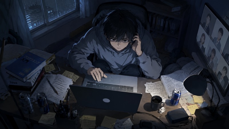 コロナ禍のリモート研修中、ワンルームの自宅で深夜までプログラミング学習に向き合う25歳男性。オンライン会議画面を前に質問できず、同期との差に焦りと孤独を感じている。未経験でIT企業へ入社した若手プログラマーが、配属停止を告げられる前の不安定な時期を描いたシーン。