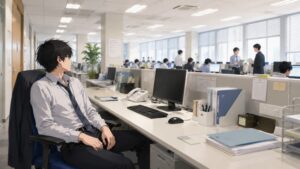 退職勧奨を受けた後、仕事を与えられずオフィスの席に座る20代男性社員。周囲の同僚たちは忙しく働く中、自分だけ空のモニターを見つめながら孤立感を抱えている。プログラマー研修打ち切り後の虚無感と、転職を決意する直前の心理状態を表現した場面。