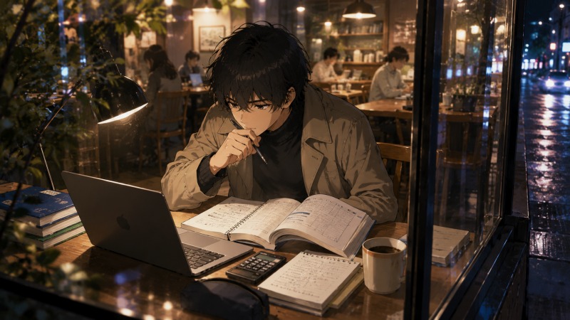 未経験から経理職への転職を目指し、夜のカフェで簿記の勉強を続ける25歳男性。雨上がりの街を背に、ノートや参考書、ノートPCを広げながら集中して学習している。転職活動に悩みながらも、自分に合う仕事を模索し始めた成長過程を描いたシーン。