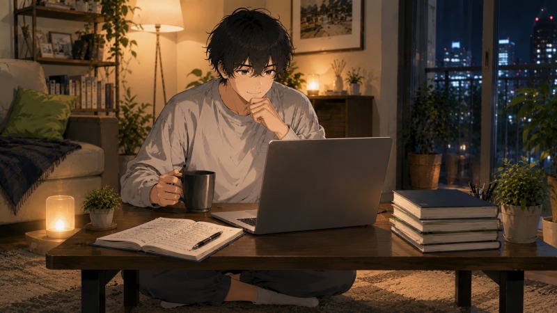 経理職へ転職後、自宅で副業ブログを執筆する20代男性。暖かな照明の部屋でコーヒーを片手にノートPCへ向かい、心に余裕のある穏やかな表情を浮かべている。未経験経理転職の経験を発信しながら、新しい働き方と生活の充実を実感している夜のシーン。