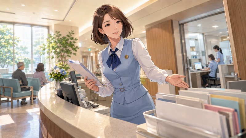 病院の受付カウンターで、42歳の女性医療事務員が書類を手に患者対応をしながら、院内スタッフへ的確に合図を送っている。清潔感のある制服姿と落ち着いた笑顔から、医療事務として職場を支えてきた誇りとやりがいが伝わる転職体験談のイラスト。