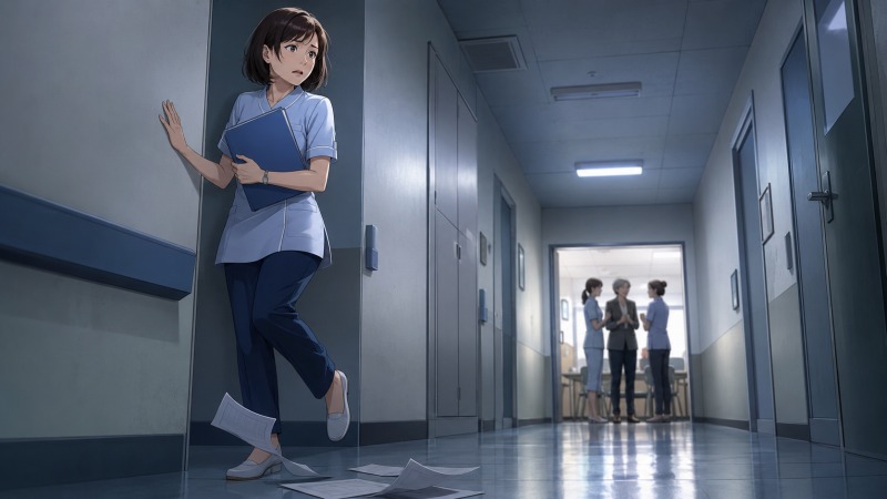 病院のバックヤード廊下で、医療事務として働く40代女性が上司と後輩の陰口を偶然聞き、ファイルを胸に抱えたまま立ち尽くしている。冷たい蛍光灯の下、孤立感と職場の人間関係に傷つく様子を描いた転職前の悩みを表すイラスト。