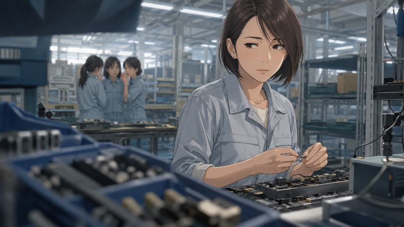 製造工場の作業ラインで、医療事務から転職した40代女性が作業着姿で部品の組み立てに集中している。背後には噂話をする同僚たちの気配があり、新しい職場でも人間関係に悩みながら仕事を続ける組立作業員の姿を描いたイラスト。