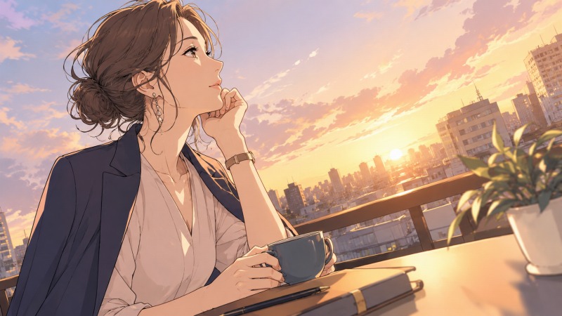 夕焼けの街を見渡せる屋外カフェで、40代女性がコーヒーカップを手に静かに空を見上げている。医療事務から製造業へ転職した経験を振り返り、後悔や孤独を受け止めながら、人と向き合って働く覚悟を持ち始めた様子を描いたイラスト。