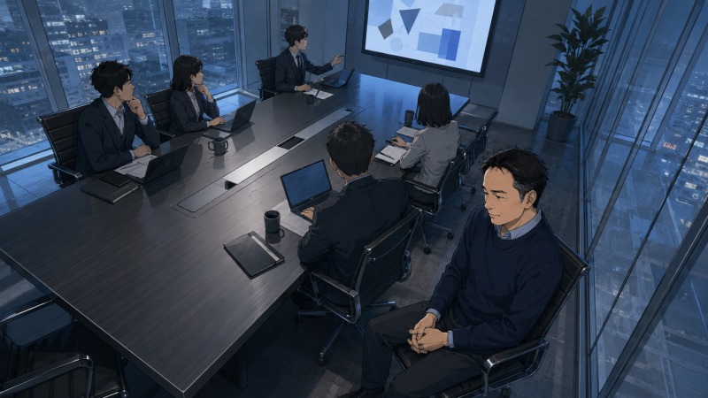 高層ビルの会議室で、40代男性エンジニアが会議テーブルの端に座り、年下の上司や同僚から孤立しているイラスト。売上低迷や組織改革の中で発言できず、転職を考えるきっかけとなった閉塞感が表現されている。