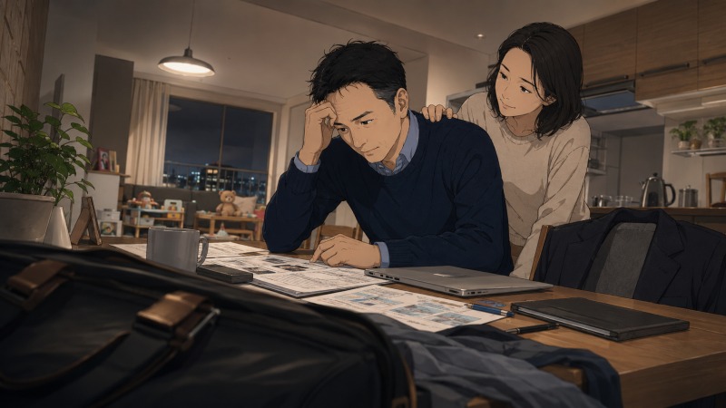 夜の自宅ダイニングで、転職活動に悩む40代男性エンジニアを妻が支えているイラスト。履歴書や職務経歴書、ノートパソコン、通勤用の鞄が並び、家族の後押しを受けながら40代の転職に挑む様子が描かれている。