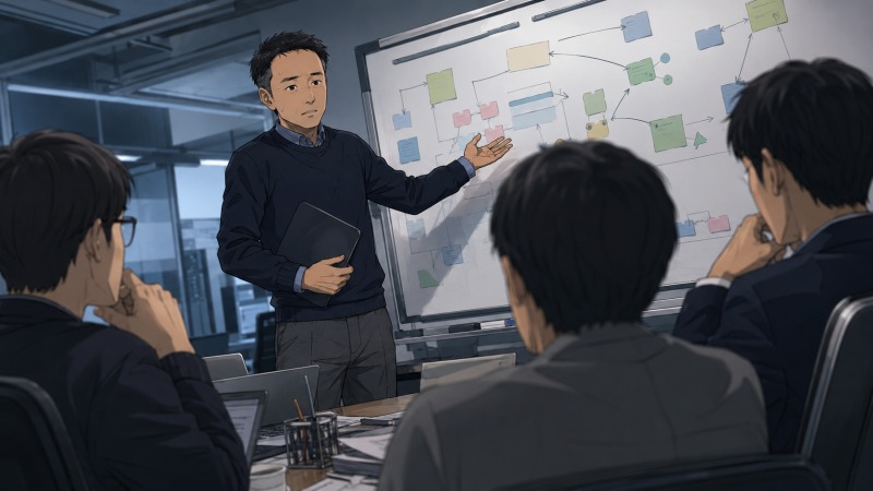 転職先のシステム会社で、研究職採用のはずがマネジメント業務を任され、会議で説明に苦しむ40代男性エンジニアのイラスト。ホワイトボードの業務フローと周囲の社員の視線が、管理職経験不足への戸惑いを伝えている。