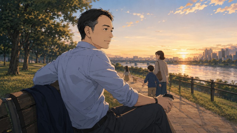 夕暮れの川沿いで、40代男性エンジニアが家族を見守りながら穏やかに転職経験を振り返っているイラスト。転職の失敗や職場での苦悩を経て、家族との時間と新しい働き方を大切にする再出発の場面が描かれている。