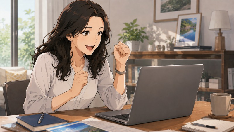 自宅のパソコンで宿泊施設からの採用通知メールを確認し、即採用の知らせに喜ぶ40代女性。地方での転職活動が実を結び、オープニングスタッフとして新しい職場へ進む期待感を表したシーン。