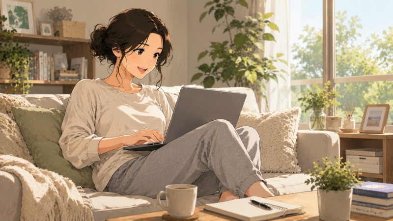 在宅ワークへ切り替えた40代女性が、自宅で髪をまとめ、軽快な部屋着姿でパソコンに向かうシーン。地方転職の挫折を経て、心機一転して新しい働き方を始める前向きな様子を描いたイラスト。