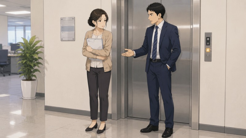 オフィスのエレベーターホールで、50代女性の課長代理が書類を胸に抱えながら、10歳年下の男性上司と会話している場面。女性は不安げな表情を浮かべ、職場のぎこちない人間関係や緊張感が伝わる、転職体験談をもとにしたイラスト。