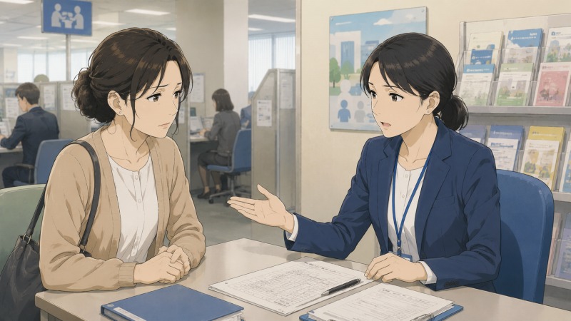 ハローワークの相談窓口で、50代女性が職員から転職相談を受けている場面。正社員への転職が年齢的に難しいと説明され、不安そうな表情で話を聞く女性の姿が描かれた、ミドル世代の転職活動をテーマにしたイラスト
