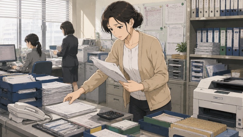人材派遣会社の経理事務として転職した50代女性が、山積みの書類や計算機、復習用ノートに囲まれながら複雑な業務に取り組んでいる場面。想像以上の忙しさと慣れない仕事への不安が表情に表れた、転職後の経理事務の現場を描いたイラスト。