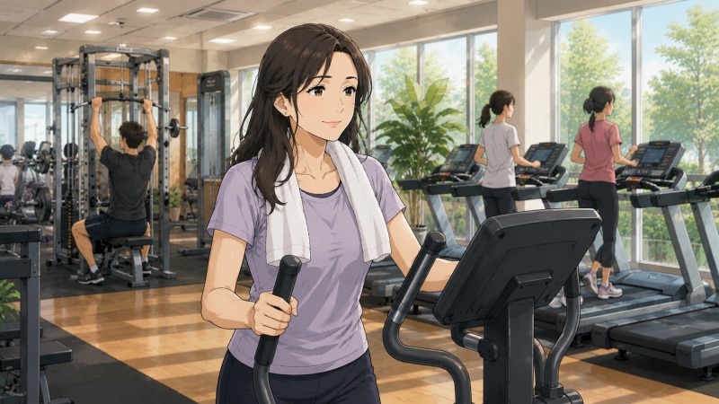 スポーツジムで50代女性が有酸素マシンを使い、穏やかな表情で運動している場面。転職や職場ストレスを発散し、前向きな気持ちを取り戻すためにジム通いを続ける様子を描いたイラスト。