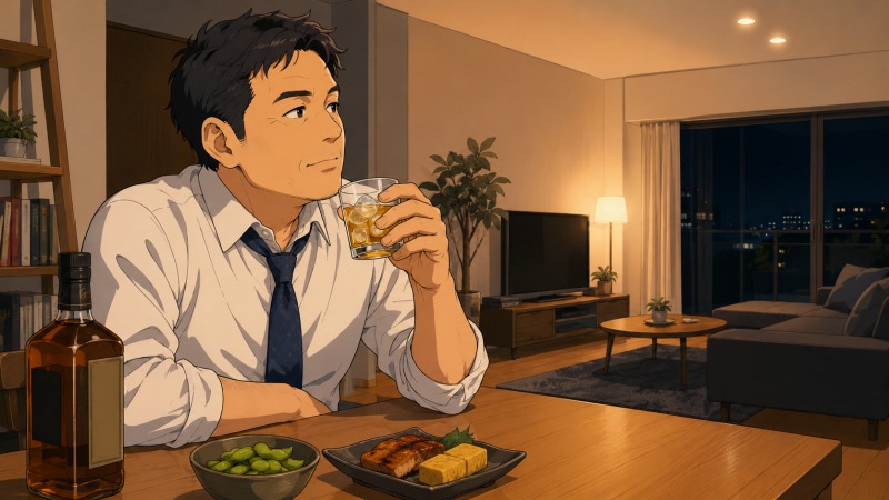 仕事帰りの40代男性が、広い一人暮らしのリビングで晩酌をしながら静かに過ごしている様子。白シャツにネクタイ姿の男性が、テーブルに置かれた酒とつまみを前に物思いにふけっており、転職後の穏やかな日常と孤独の入り混じった感情が伝わる。警備員として働く中年男性の再出発を描いたイラスト。