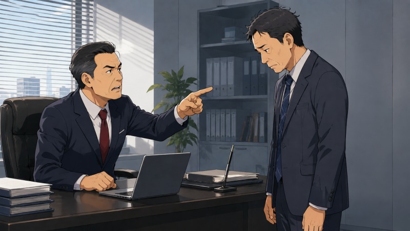 新社長からパワハラまがいの叱責を受ける40代男性営業社員の姿。オフィスのデスク越しに厳しい表情で指を差す上司と、うつむきながら耐える部下が描かれており、社長交代後の職場環境悪化や降格のショック、人間関係のストレスが伝わる転職体験談のワンシーン。