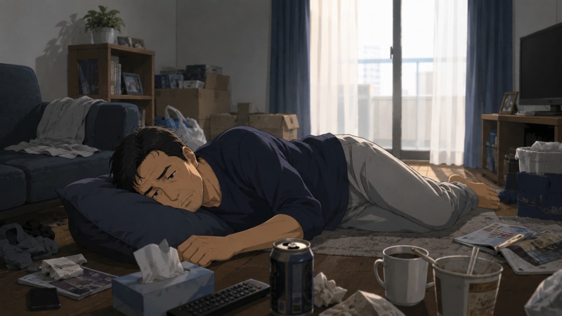 退職後すぐに転職活動へ進めず、散らかった一人暮らしの部屋でぐったり横になる40代男性の姿。降格や離婚による精神的な疲労、孤独感、無気力な生活が伝わる転職体験談のワンシーン。