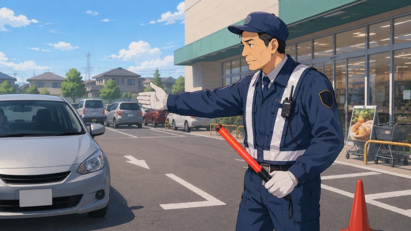 転職後にスーパーの駐車場で警備員として働く40代男性が、誘導棒を持って入庫する車を案内している様子。未経験職種への再出発、地域のスーパーでの新しい仕事、穏やかな転職後の生活が伝わるワンシーン。