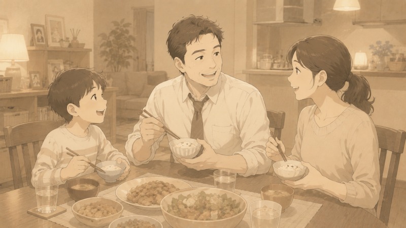 セピア色の淡いトーンで描かれた、過去の一家団らんの夕食風景。40代男性が妻と幼い息子と食卓を囲み、笑顔で会話を交わしている。温かな家庭の記憶と、仕事一筋だった頃の穏やかな日常を回想する転職体験談のワンシーン。