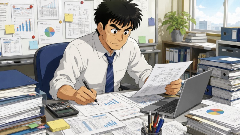 地質調査会社で取締役を務める50代男性が、オフィスで経営企画や新事業計画の資料に囲まれながら、多忙な表情で業務に没頭している様子。営業・経理・経営企画を兼務し、事業戦略や費用計画に追われる転職前のキャリア全盛期を描いたシーン。