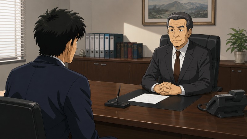 小さな地質調査会社の社長室で、50代男性の取締役が社長から突然の退職勧告を受け、戸惑いと悔しさをこらえて座っている転職体験談のワンシーン。