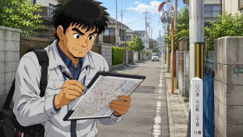 住宅地図出版会社で働く50代男性が、住宅街を徒歩で調査しながら地図原稿に道路形状や番地情報を確認・記入している場面。転職後に編集・現地調査の仕事へ取り組む様子。