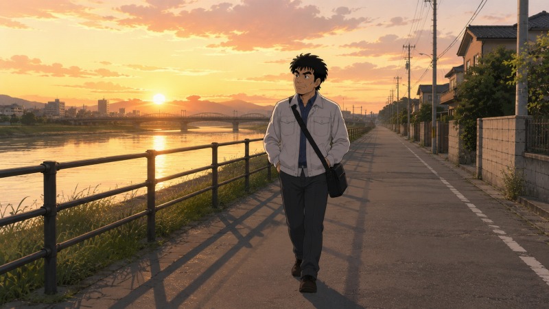夕暮れの川沿いの道を、50代男性が一歩一歩ゆっくり歩いている情景。リストラや転職を経験し、「与えられたもので人生を歩んでいくしかない」と受け入れながらも、穏やかな表情で前を見つめる再出発のシーン。