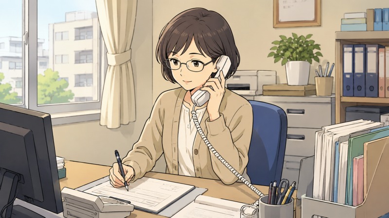 マンションの一室を借り上げた小さな事務所で、40代女性の事務員が一人で電話対応と書類作業をしている様子。静かな室内で、デスクに向かいながら電話を取り、事務処理を黙々とこなしている。転職前の孤独な事務職の日常と、小規模オフィスで働く落ち着いた空気感を描いたシーン。