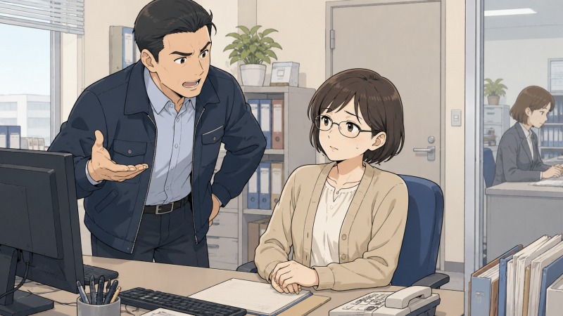 小さな事務所で、40代女性の事務員がデスク作業中に上司から支店長への不満を一方的に聞かされ、困惑している場面。職場の人間関係やパワハラに悩み、転職を考えるきっかけとなった緊張感のあるオフィスシーン。
