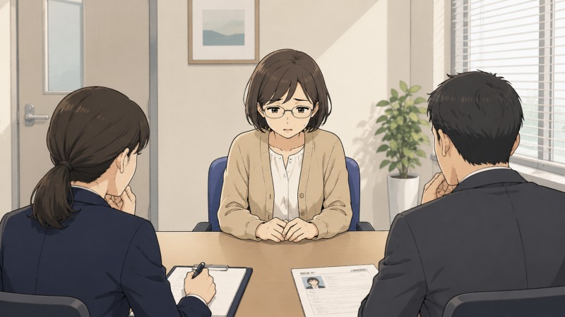 転職面接の場で、40代女性が緊張のあまりうまく話せず落ち込んでいる様子。面接官を前に不安そうな表情を浮かべながら座っており、パワハラ経験による人間不信や転職活動の苦戦が伝わる事務職の転職シーン。
