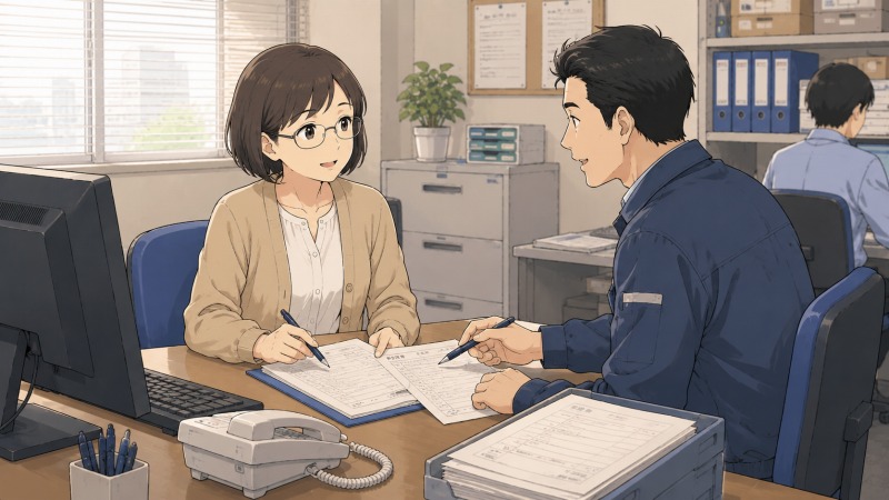 電気通信業の小さな会社で、40代女性の事務員が電話対応をしながら納品書や請求書の発行作業をしている様子。少人数の職場で事務職として新しい仕事に取り組み、転職後の環境に慣れていく場面。