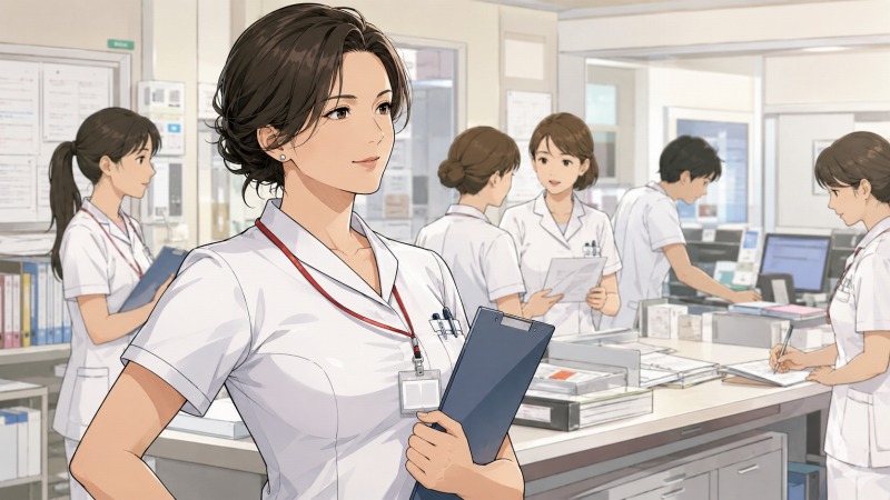 26年間同じ総合病院で働き続け、看護師管理職としてスタッフをまとめる女性看護師の様子。忙しいナースステーションで、部下たちを見守りながら冷静に業務を統括しているシーン。チームワークの良い医療現場と、責任ある立場で働くベテラン看護師の雰囲気が描かれている。