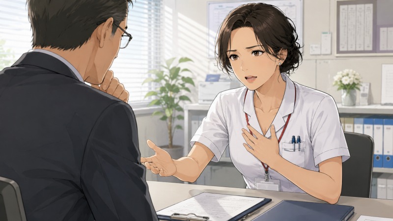 休職に入る部下について、看護師管理職の女性が病院の面談室で上司に事情を説明している場面。適応障害になったスタッフの重要性や復帰への願いを、真剣な表情で切実に訴えている。