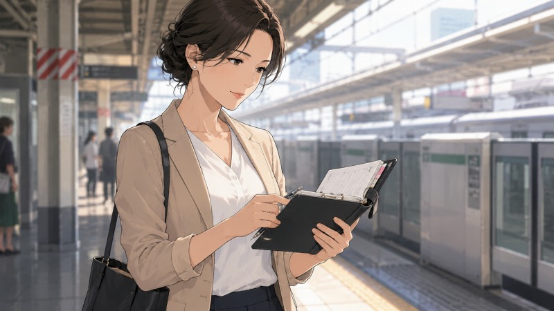 転職活動中の女性看護師が、オフィスカジュアル姿で駅のホームに立ち、システム手帳を見ながら面接や訪問予定を確認している場面。新しい職場を探しながら不安と前向きな気持ちを抱えて行動する、40代看護師の転職活動の様子が描かれている。