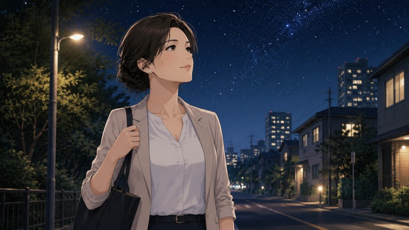 転職後の帰り道、夜の街を歩きながら星空を見上げる女性看護師。以前の激務の日々では気づけなかった夜空を静かに眺め、仕事と心の余裕を取り戻した様子が描かれている。