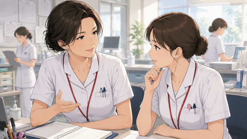 病院のナースステーションで、ベテラン看護師の女性が若手看護師に親しみを込めてアドバイスをしている場面。上下関係を感じさせない自然な距離感で会話を交わし、安心感のある職場の雰囲気が描かれている。