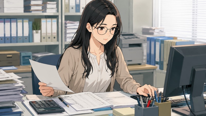 会計事務所で働く女性事務員が、決算書や経理資料を確認しながらデスクワークに集中している様子。書類や電卓、パソコンが並ぶオフィスで、長年の経理・会計業務に向き合う真面目な雰囲気が描かれた転職体験談のワンシーン。