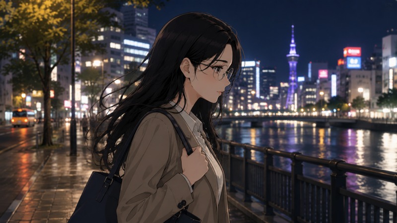 夜の福岡の街を歩きながら帰宅する女性の横顔。不安や孤独を抱えた表情のまま、仕事への悩みを胸に夜景の中を足早に進む、転職前の葛藤を描いたシーン。