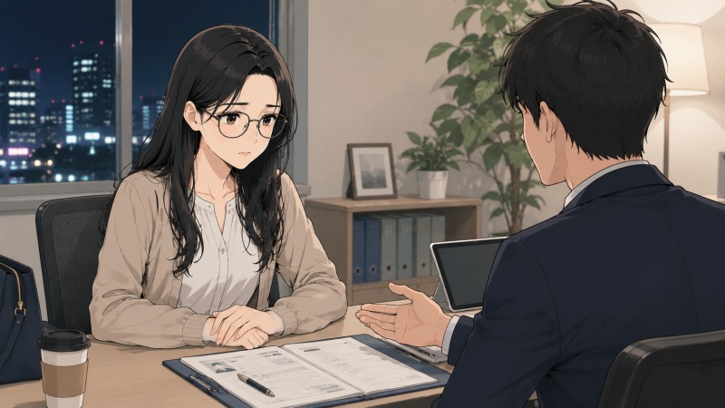 転職活動中の女性が転職エージェント担当者と面談し、経理事務のキャリアや希望条件について相談している様子。不安を抱えながらも転職先を探す30代女性の転職体験談のワンシーン。
